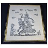 Framed Mid Century Thai Temple Charcoal Rubbing