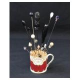 Antique Hat Pin Collection in a Staffordshire Cup