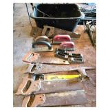 Hand Saws, Wood Planes, and Tools in Plastic Tub