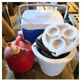 Coleman Cooler, Red Gas Can, and Foam Bucket Set