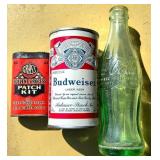 Vintage Budweiser Can, Coca-Cola Bottle, and Patch