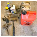 Tools, Oil Cans, and Fluids in Wire Basket