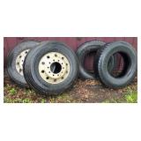 Four 12R22.5 Truck Tires, Two with Rims