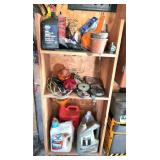 Garage Shelf Contents with Automotive Fluids and T