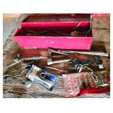 Red Metal Toolbox with Assorted Hand Tools and Har