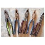 Five Vintage Metal Pliers with Worn Handles