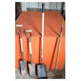 Gardening Tools Including Shovels, Hoe, and Rake