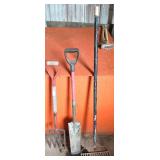 Four Garden Hand Tools Including Fork, Spade, and
