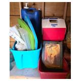 Plastic Storage Bins, Cooler, and Framed Art