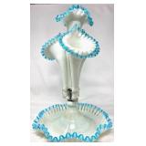 Victorian Style Glass Epergne with Blue Ruffled Ed