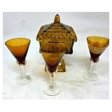 Amber Glass Compote with Lid and Three Stemware Gl