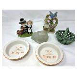 Figurines, Glass Candleholder, and Ceramic Dishes