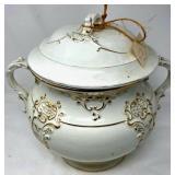 Covered White Porcelain Tureen with Gold Accents