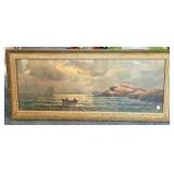 Framed Nautical Seascape with Boats and Rocky Coas