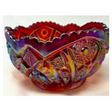 Red Carnival Glass Bowl with Scalloped Edge