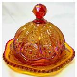 Amber Carnival Glass Butter Dish with Lid