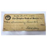 Historic The Peoples Bank of Mercer Check, 1923