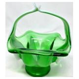 Green Art Glass Basket with White Handle
