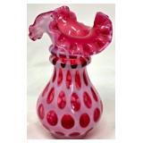 Cranberry Opalescent Coin Dot Glass Vase