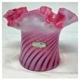 Pink and White Swirled Art Glass Vase with Ruffled