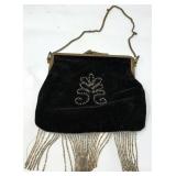 Black Beaded Evening Bag with Fringe and Chain Str