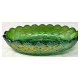 Green Glass Scalloped Oval Dish with Diamond Patte