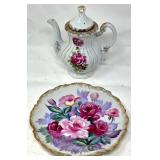 Porcelain Teapot and Plate with Rose Motif