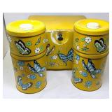 Yellow Metal Butterfly-Pattern Tin Canister Set wi