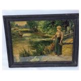 Framed Rural Landscape Print with Woman by Stream