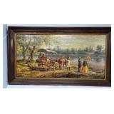 Oil Painting of Horse Carriage Scene in Wooden Fra