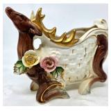 Porcelain Stag Planter with Floral Accents and Gil