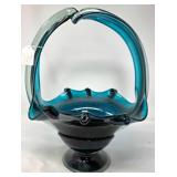 Blue Art Glass Basket With Black Base