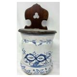 Blue and White Ceramic Wall-Mounted Pot With Woode