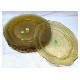 Amber Glass Dinner Plates with Floral Etching