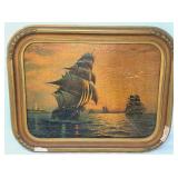 Framed Maritime Oil Painting with Sailing Ships