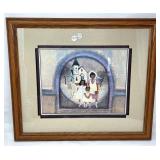 Framed Artwork of Three Girls With Church Scene