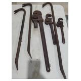 Various Pipe Wrenches and Crow Bars