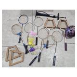 Bowling Ball, Air Pump & Various Badminton Rackets