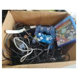 Box of Misc Power Cords, Game Controllers & More