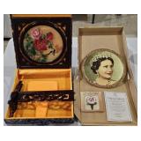 Queen Elizabeth Collectors Plate & Emb. Silk
