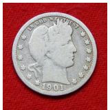 1901 O Barber Silver Quarter