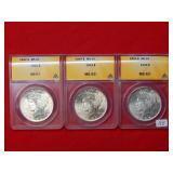 (3) ANACS MS63 Peace Silver Dollars 1922, 1924 &