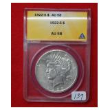 1922 S Peace Silver Dollar ANACS AU58