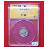 1920 S Mercury Silver Dime ANACS VF20