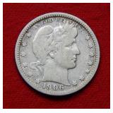 1906 O Barber Silver Quarter