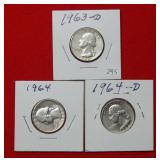 (3) Washington Silver Quarters 1963 D, 1964 P & D