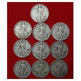 (10) Walking Liberty Silver Half $ Mixed Grades