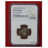 1948 Canada Quarter NGC UNC Details REV Cleaned