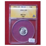 1941 Mercury Silver Dime ANACS MS64 FSB