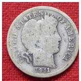 1911 D Barber Silver Dime